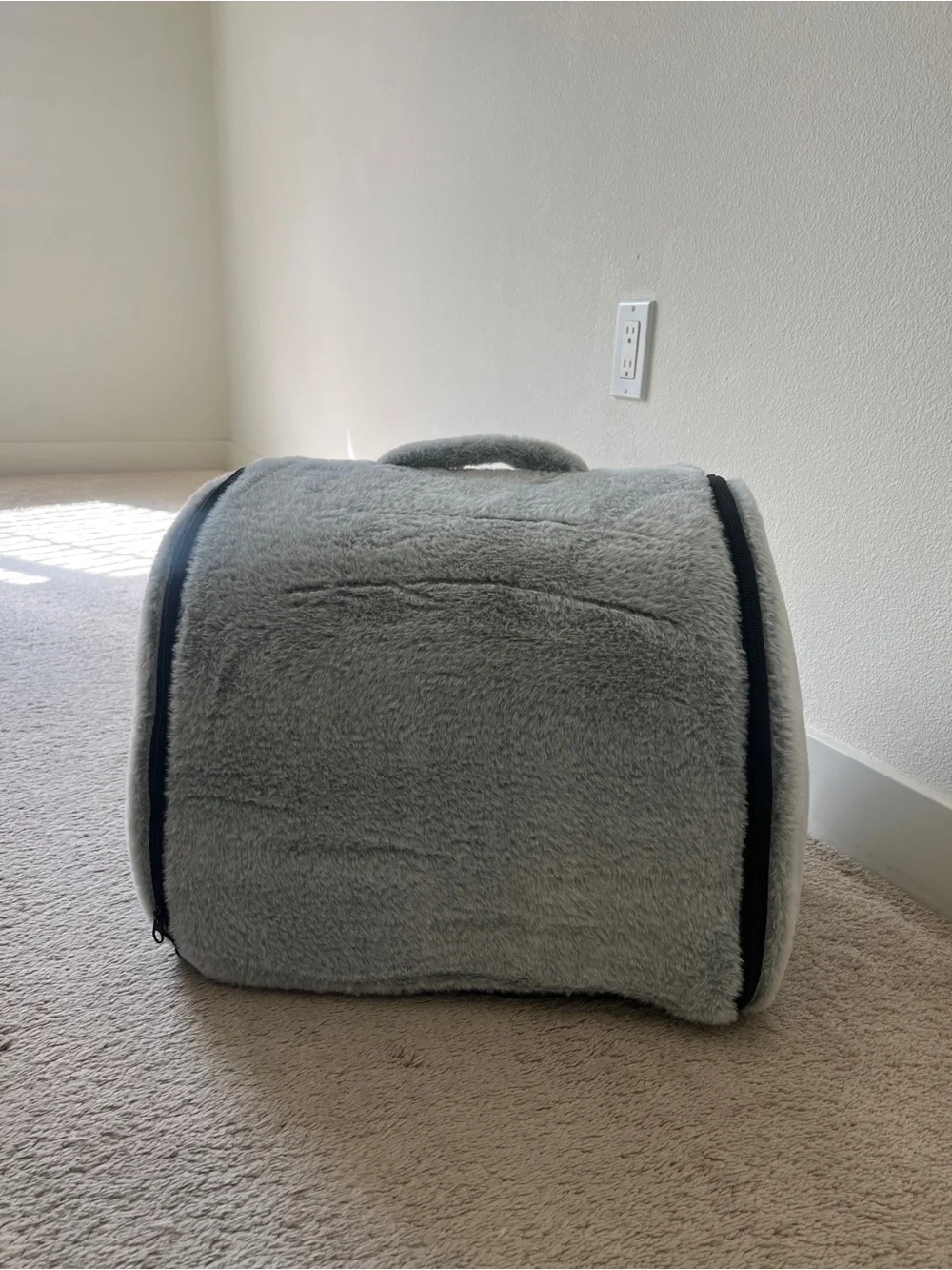 Cozy Gray Plush Pet Cave Bed with White Trim